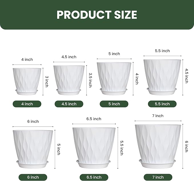 Flower Pots, 7/6.5/6/5.5/5/4.5/4 inch Plastic Plant Pots, 7 Pack Planter - Image 2