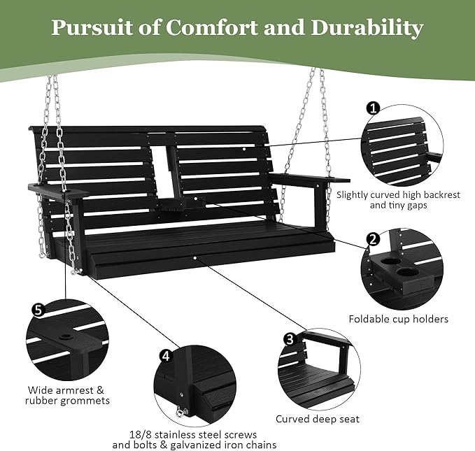 Poly Lumber 2-Seat Porch Swing, HIPS 4.5-Feet Bench Swing - Image 6