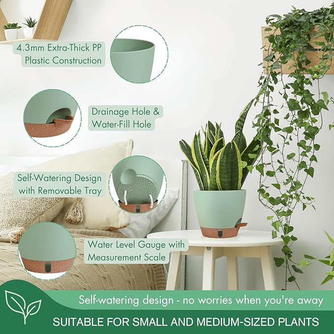 montresor 2 Pack 8 inch Plant Pots, PP Plastic Self Watering Plant Pot - Image 5