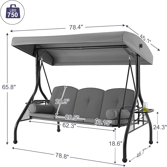 HOMREST 3 Seat Outdoor Porch Swing - Image 6