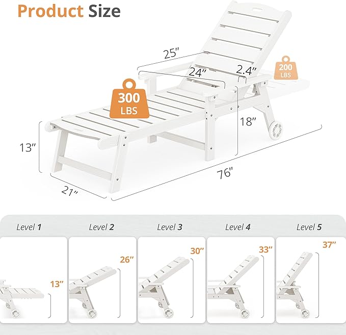 LUE BONA Outdoor Chaise Lounge Chairs Set of 4, HDPS Chaise Lounger, 5 - Image 2