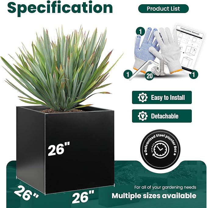 Galvanized Steel Planter Box 26Inch Black Metal Planter Large Square Indoor - Image 2