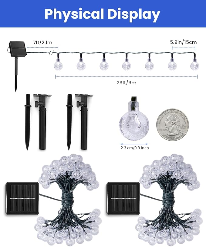 Solar String Lights Outdoor Waterproof, 2 Pack 60 LED 36.5 FT Each, 8 Lighting - Image 2
