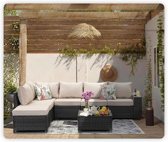 7 Pieces Patio Furniture Set All-Weather Outdoor Wicker Sectional Conversation - Image 7