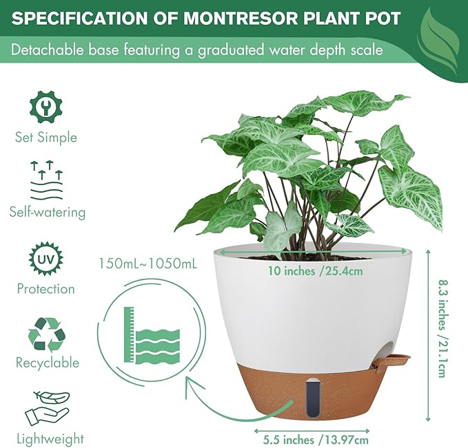 montresor 2 Pack 10 inch Plant Pots, PP Plastic Self Watering Plant Pot - Image 4