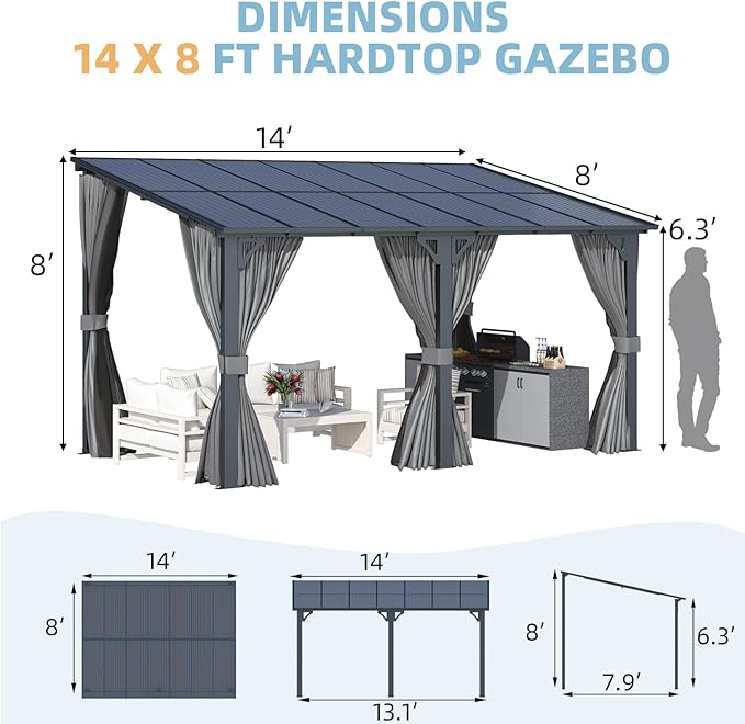 AECOJOY 14' x 8' Gazebo Outdoor Pergola, Hard Top Lean to 8x14 Gazebo - Image 7