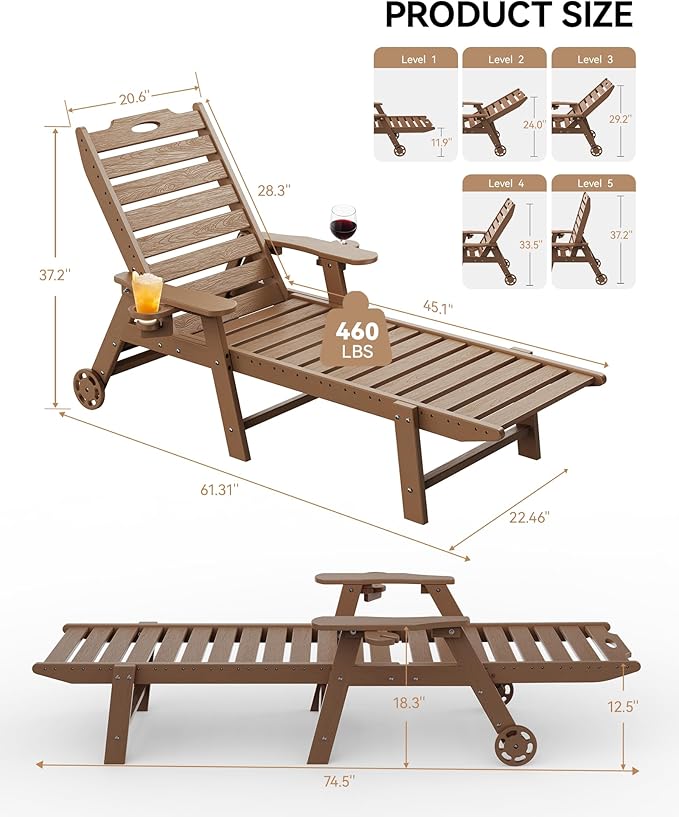 Carauci Lounge Chair Outdoor Set of 4, HDPE Chaise Lounge - Image 3
