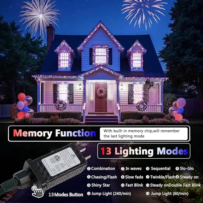 4th of July Decorations Red White and Blue Lights, 200 LED 66FT String Light - Image 3