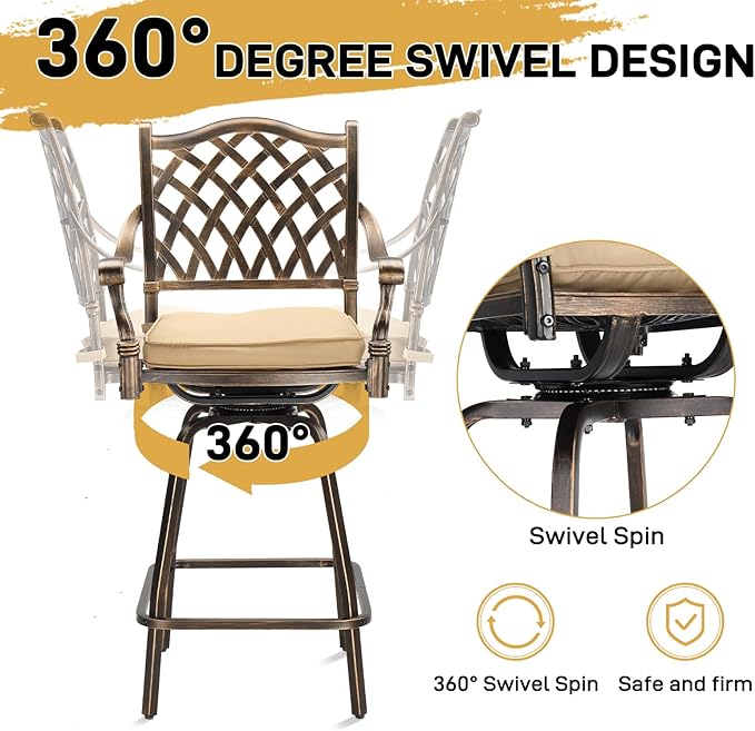VINGLI Outdoor Swivel Bar Stools Set of 2, Cast Aluminum All-Weather Patio Bar - Image 4