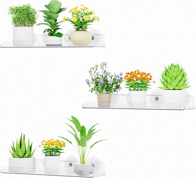 Lifewit Window Plant Floating Shelves 14.6x3.6, 3 Pack Acrylic Suction Cup Shelf by Lifewit