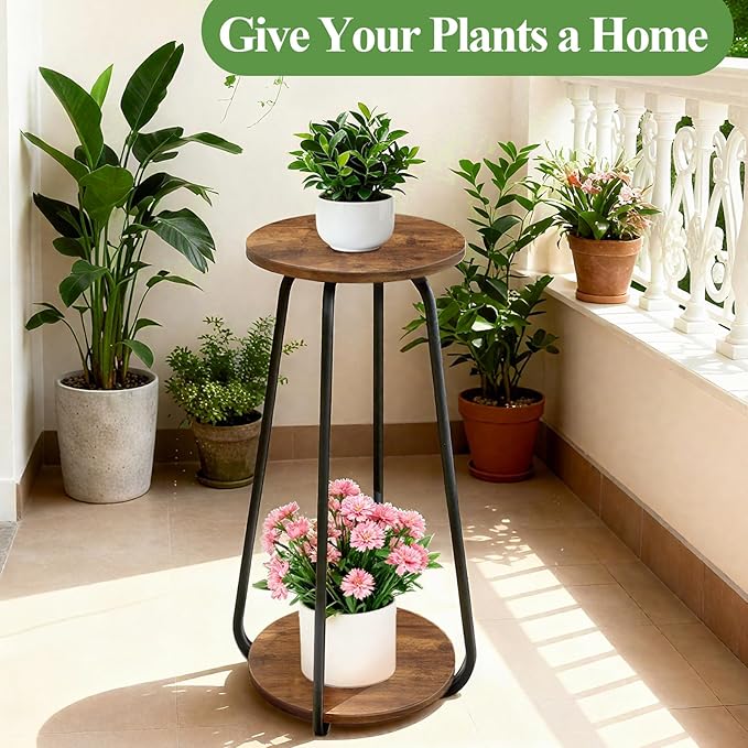 Plant Stand Indoor, 2 Tier Plant Shelf Pedestal Stand Flower Stand, Metal Wood - Image 2