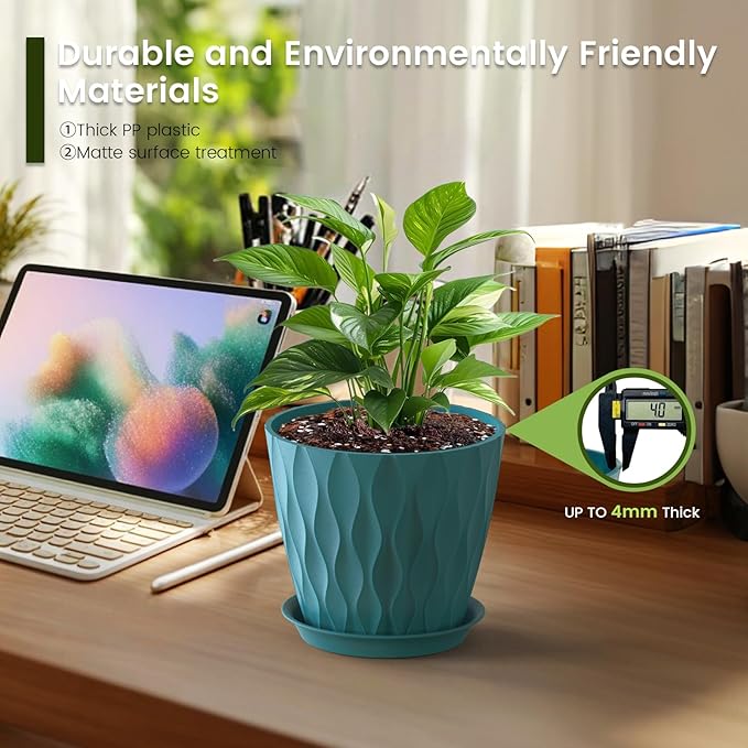 7 inch Plant Pots for Indoor Outdoor Plants, 5 Pack Thick Flower Pots - Image 4