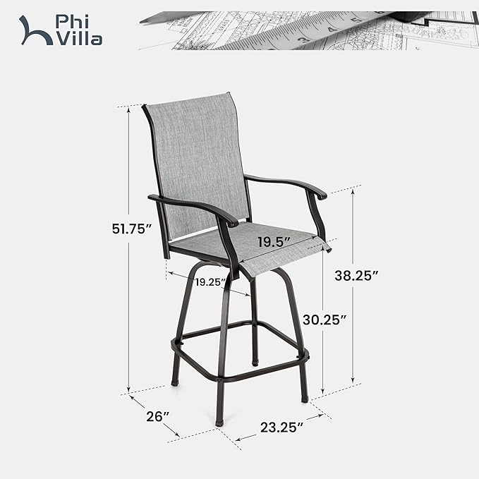 PHI VILLA Outdoor Swivel Patio Bar Stools Set of 6, 30 Inch Bar Height Tall - Image 3