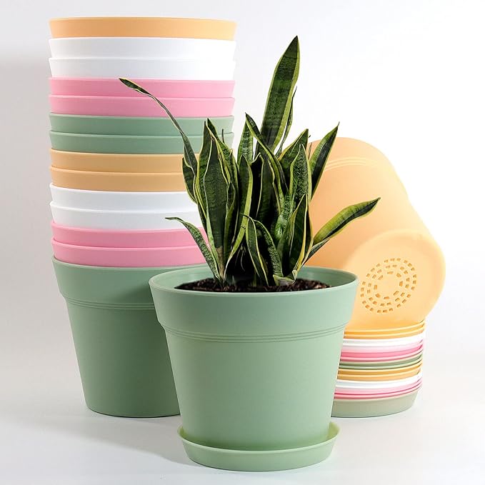 WOUSIWER 16 Pack 6 inch Plastic Planters, Indoor Flower Pots, Heavy Duty and by WOUSIWER