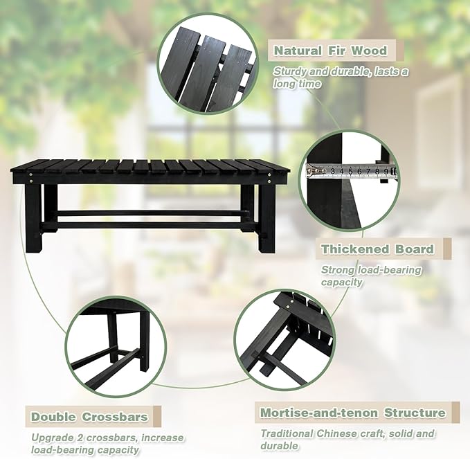 Outdoor Garden Bench, 3-Person Wood Patio Bench Weatherproof Outdoor Backless - Image 3