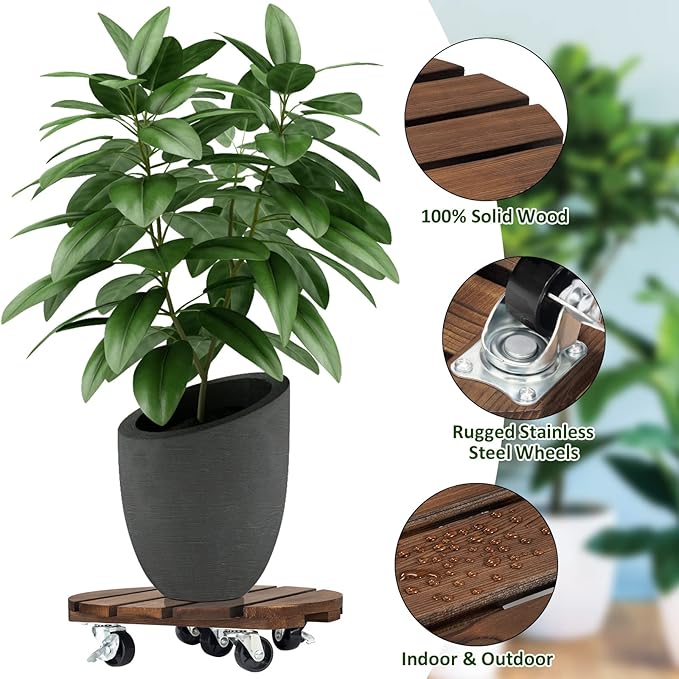 Yangbaga 2pack Plant Caddy 12’’Wood Duty Rolling Plant Stand - Image 4