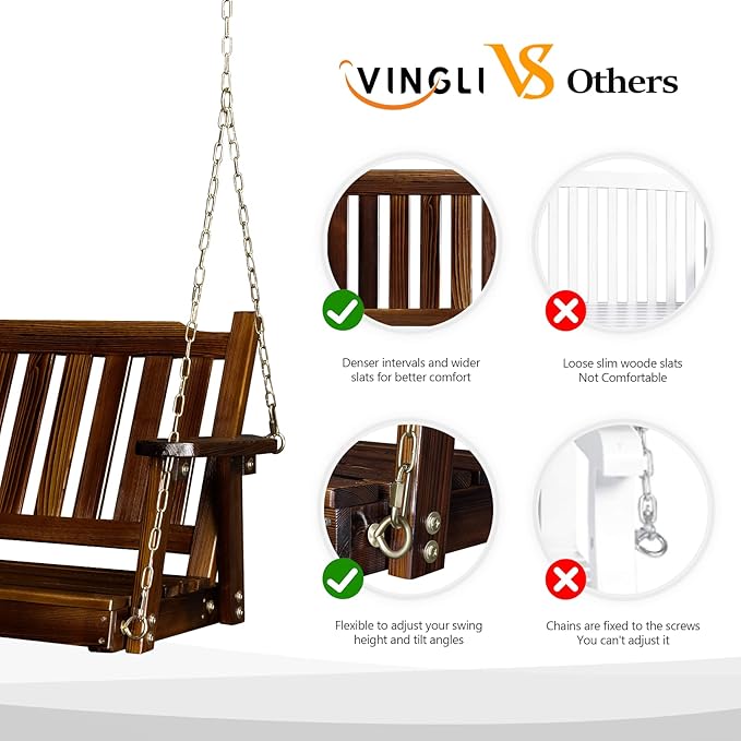 VINGLI Upgraded Heavy Duty 880 LBS 4 FT Patio Wooden Porch Swing Solid Fir Wood - Image 2