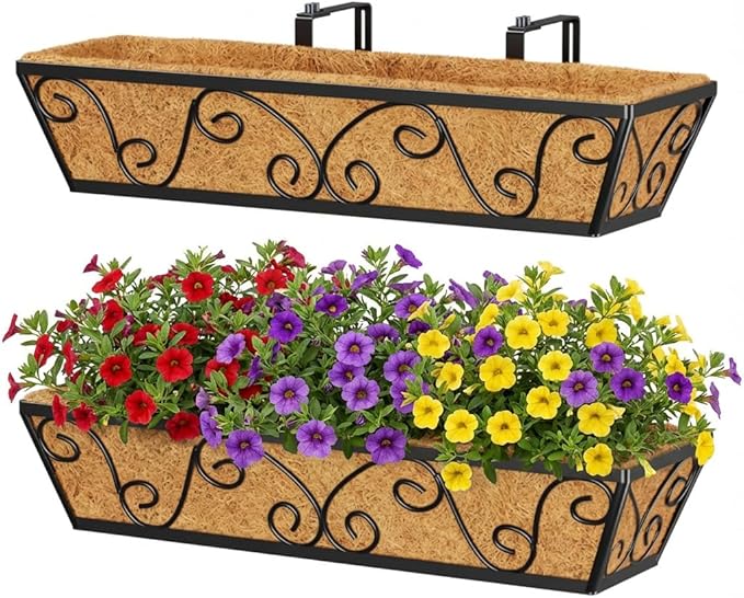 Y&M 24 Inch Window Deck with Coco Liner, Fence Metal Hanging Flower Planter by YM