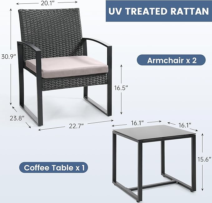 3 Piece Wicker Patio Bistro Set, Rattan Conversation Set - Image 6