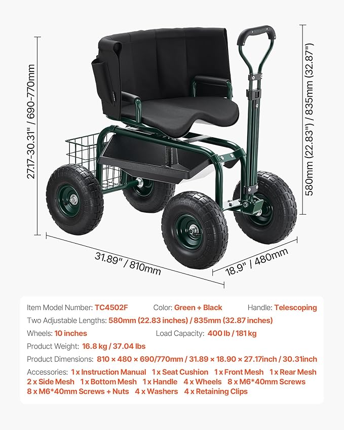 VEVOR Garden Seat with Wheels, Rolling Garden Stool with Height Adjustable & - Image 7