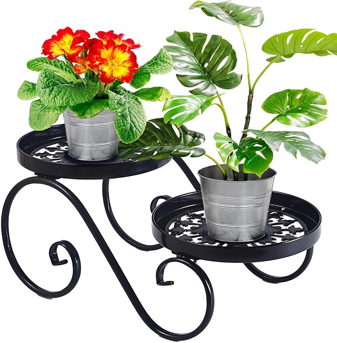 2 Tier Black Plant Stand, Metal Flower Stand Indoor Outdoor, Anti-Rust Iron by Santentre