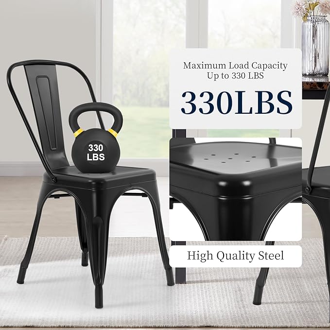 FDW | Metal Dining Chairs | Set of 4 | Black | Stackable Tolix Side Chairs - Image 6