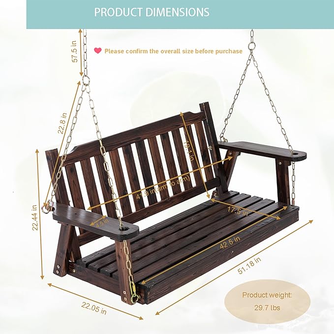Anraja Wooden Porch Swing 2-Seater, Bench Swing - Image 4
