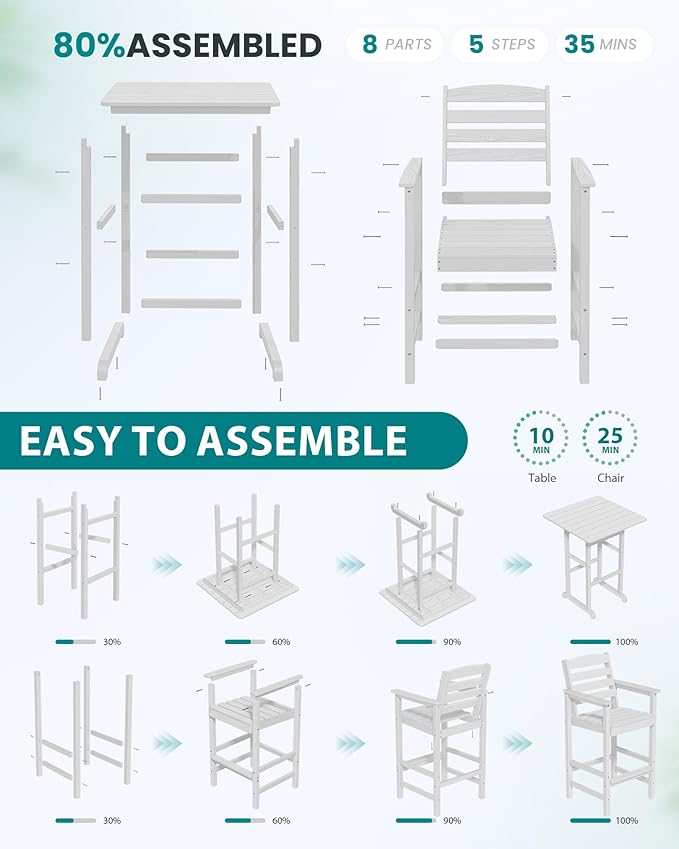 SERWALL 5 Pieces Adirondack Bar Chairs Set, HDPE Adirondack Barstools Chairs - Image 7