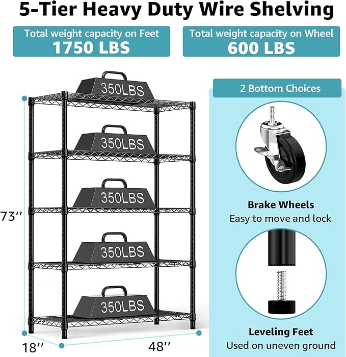 5-Shelf Storage Shelves, Wire Shelving Heavy Duty Metal Storage Shelving Unit - Image 3