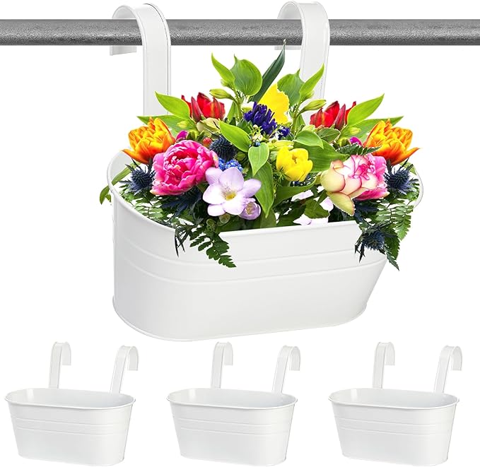 Foraineam 4 Pack Hanging Flower Pots, Metal Iron Plant Pot Holders, Large Fence by Foraineam