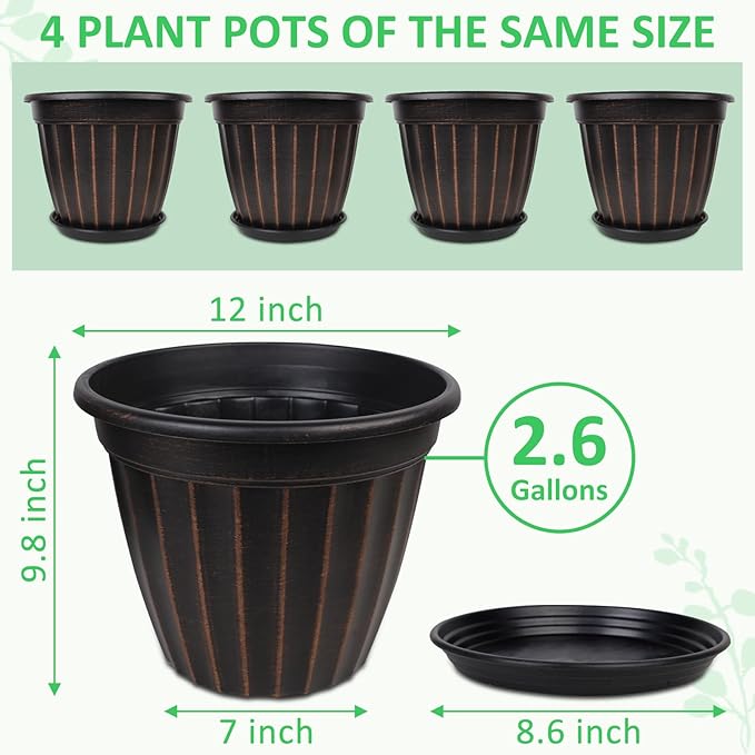 FGstyle 12 Inch Pots for Plants, 4 Pack Tall Planters, Large Flower Pots - Image 6