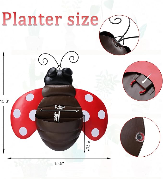 Metal Wall Planter Ladybug Wall Mounted Planters Small Flower Pot - Image 4