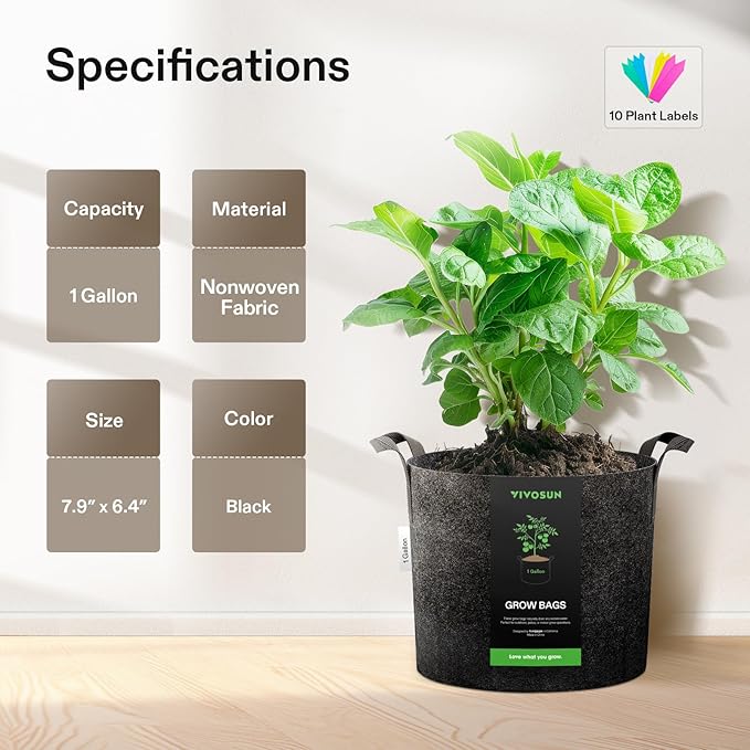 VIVOSUN 5-Pack 1 Gallon Heavy Duty Thickened Nonwoven Fabric Pots Grow Bags - Image 6