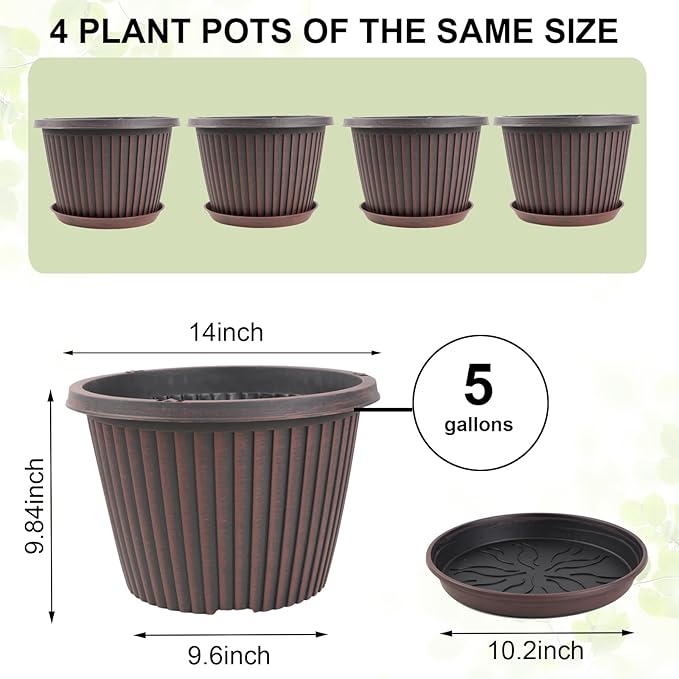 Large-Planter-Indoor-Outdoor Plant Pots, 14 inch 4 Pack Plastic Flower Pots - Image 3