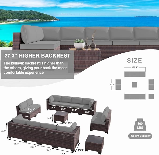 Kullavik 14 Pieces Outdoor Patio Furniture Set PE Wicker Rattan Sectional Sofa - Image 2