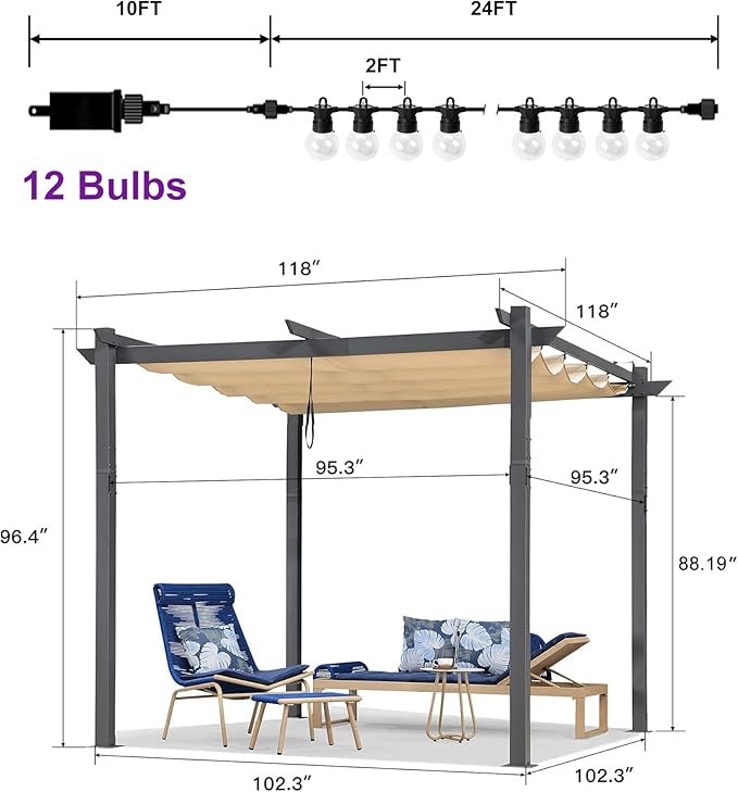 PURPLE LEAF 10' x 10' Aluminum Outdoor Pergola Modern Grape Trellis Retractable - Image 5
