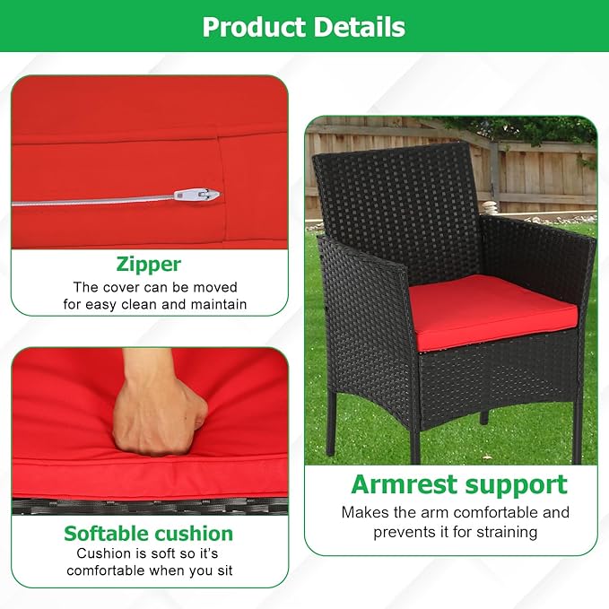 FDW | 3-Piece Patio Furniture Set | Black & Red | Outdoor Wicker Furniture - Image 5