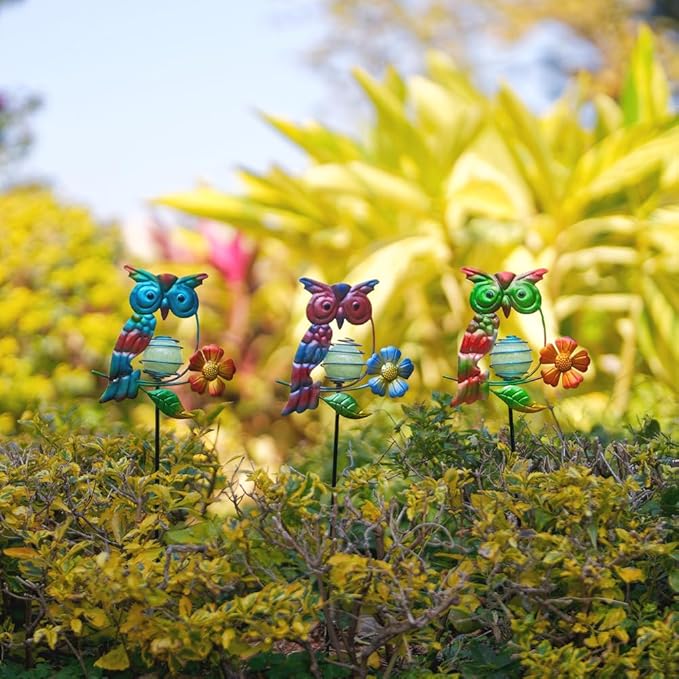 Set of 3 Owl Decorative Garden Stakes, Glow in The Dark Metal Yard Art - Image 5