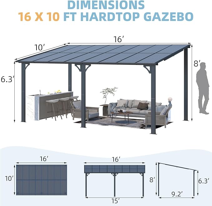 AECOJOY 16' x 10' Gazebo Outdoor Pergola, 10x16 Large Wall-Mounted Hardtop Lean - Image 7