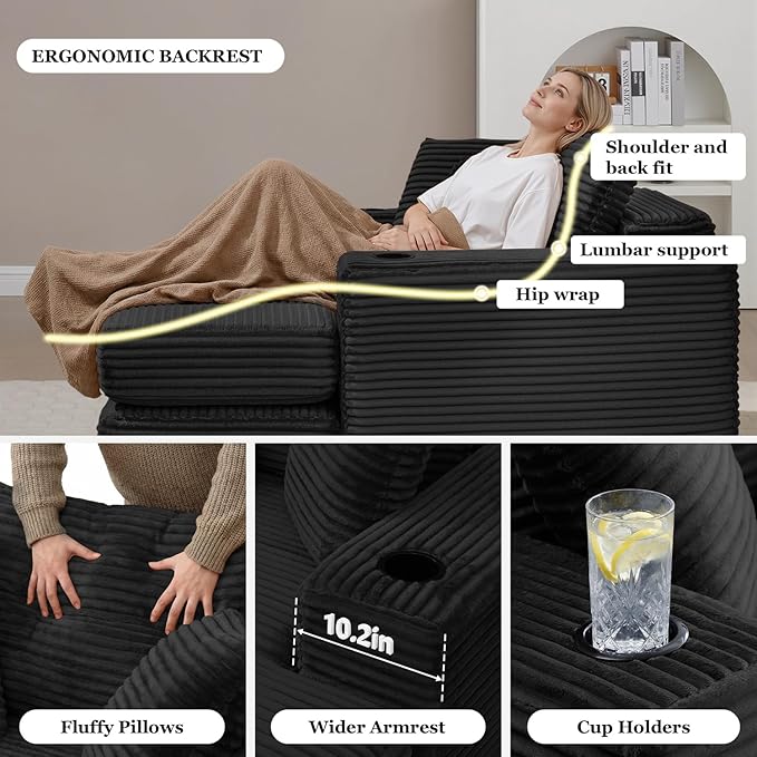 HANXIN 62" Chaise Lounge Chair Indoor, Oversized Corduroy Boneless Convertible - Image 5