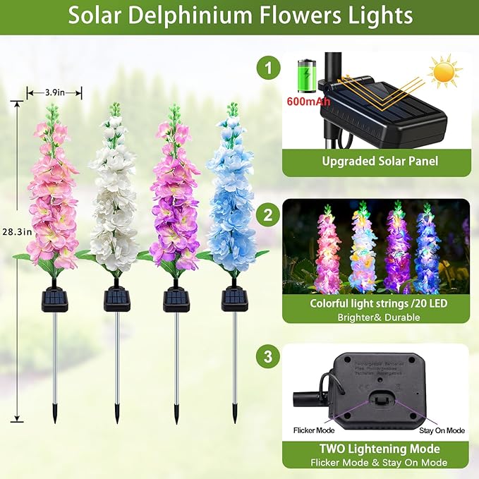 Solar Garden Lights, Solar Delphinium Flowers Lights 8 Pack 160 LEDs, - Image 2