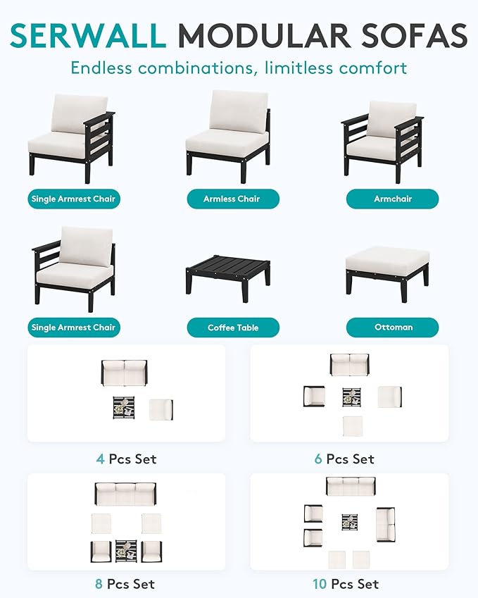 SERWALL HDPE Outdoor Furniture Set, 4 Pieces Patio Sectional Sofa Set, - Image 7