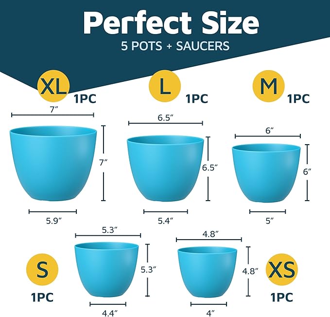 Blue Plant Pots with Drainage Holes & Saucers 5 Pack, Indoor & Outdoor - Image 2