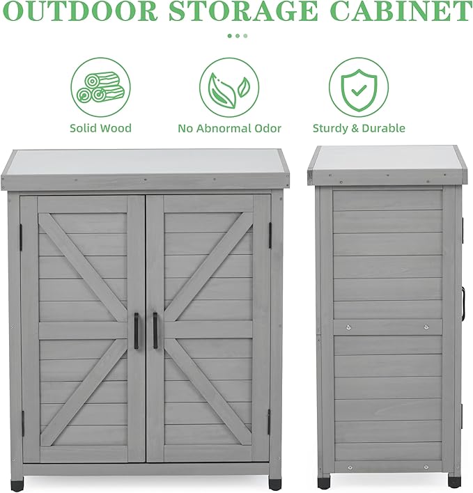 Outdoor Potting Bench with Storage Cabinet and Metal Top, Wood Workstation - Image 4