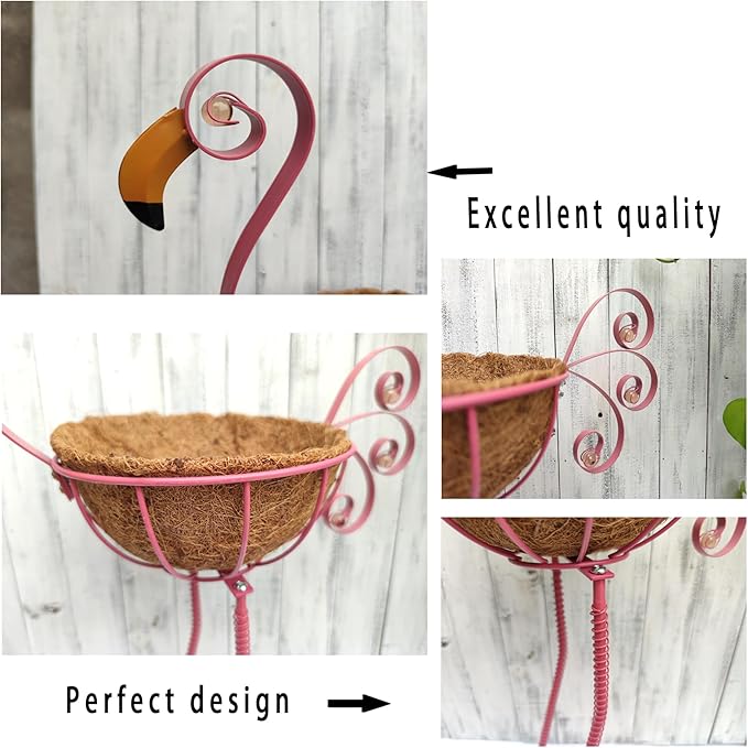 Metal Flamingo Planter with Basket -Garden Bird Planters - Image 5