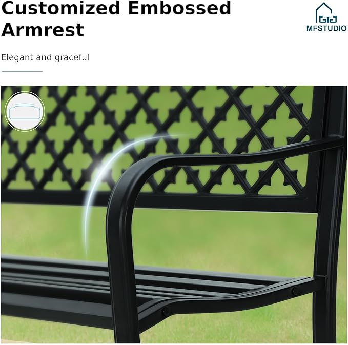 MFSTUDIO 50" Black Outdoor Metal Garden Bench, Cast Iron Frame Patio Furniture - Image 6