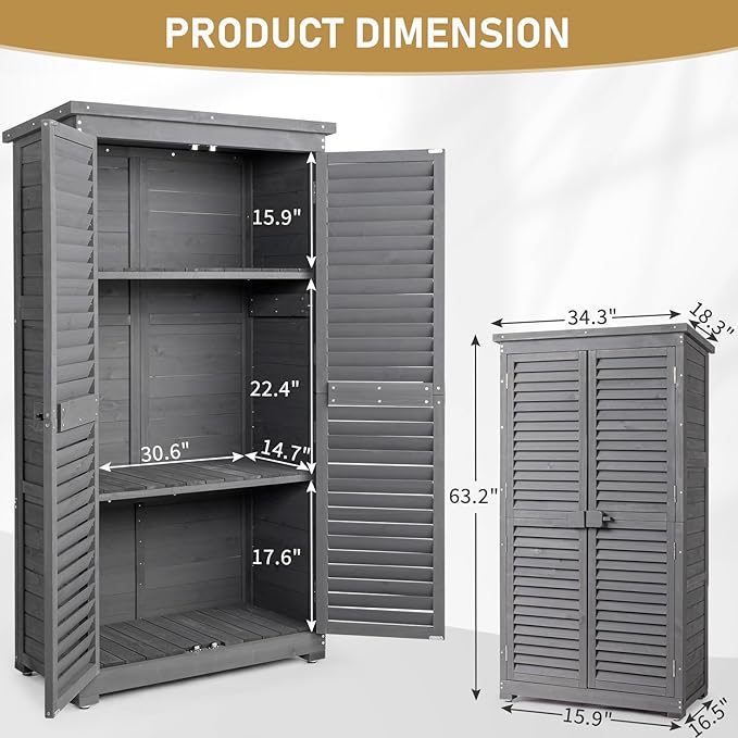 Outvita Outdoor Storage Cabinet, 63in Wooden Garden Tools Shed - Image 5
