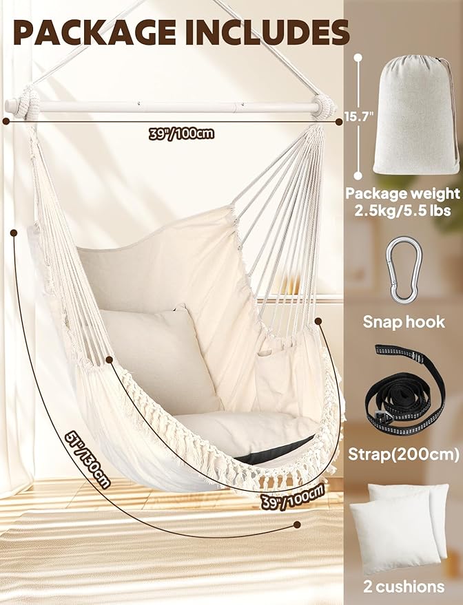 Chihee Hammock Chair Hanging Swing Max 500 Lbs 2 Cushions Included Metal - Image 6