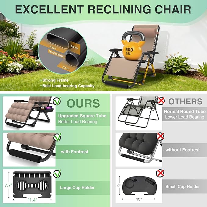 Suteck Oversized Zero Gravity Chair, 33In XXL Lounge Chair w/Removable - Image 4