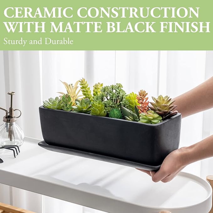 MyGift 14 Inch Ceramic Indoor Plant Pot, Rectangular Succulent Planter - Image 3